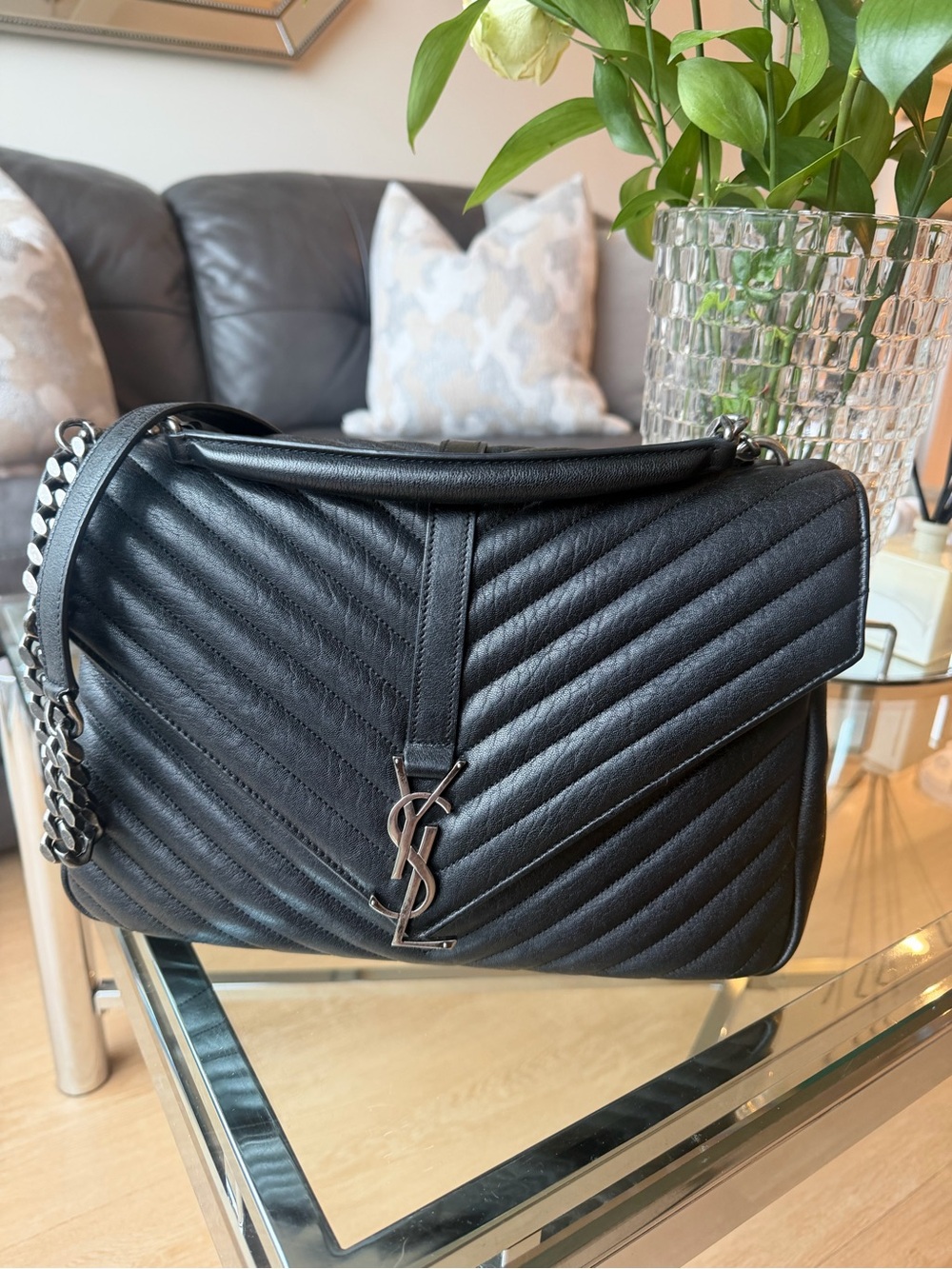 Saint Laurent Black Quilted Chevron Leather Medium College Bag